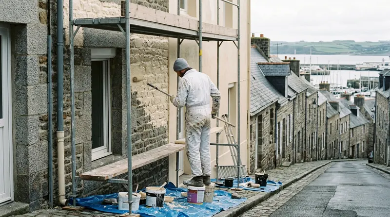 Peinture d'une façade en pierre à Cherbourg : artisan de dos sur un échafaudage, bâches au sol, port en arrière-plan