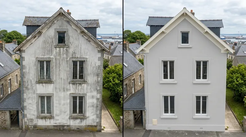 Peinture extérieure, avant et après : façade enduite grisée et tachée, puis la même façade repeinte en gris clair