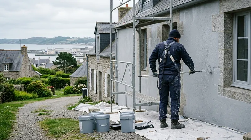 Peinture extérieure : artisan de dos repeignant au rouleau une façade enduite à encadrements de granit, échafaudage et bâches
