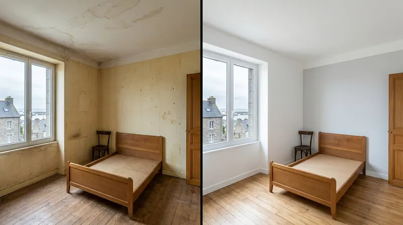 Peinture intérieure, avant et après : chambre aux murs jaunis et plafond taché, puis la même chambre repeinte en blanc