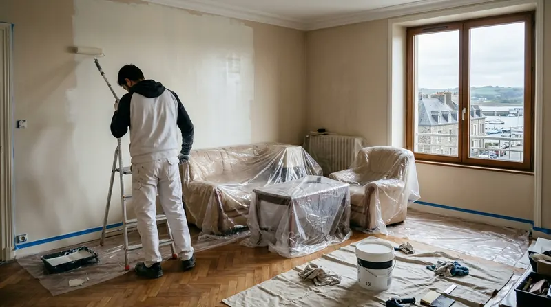 Peinture intérieure : artisan passant le rouleau sur perche dans un séjour, meubles et parquet protégés par des bâches